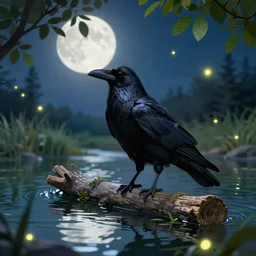 a large black raven, standing on a floating log in the middle of a moonlit river, leafy foliage on the river banks, at night, with fireflies floating about, in the style of lisa frank, award winning trending on artstation