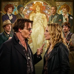 highly detailed vfx portrait of johnny depp arguing with amber heard, stephen bliss, unreal engine, greg rutkowski, loish, rhads, beeple, makoto shinkai and lois van baarle, ilya kuvshinov, rossdraws, tom bagshaw, alphonse mucha, global illumination, detailed and intricate environment