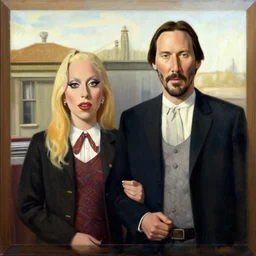 painting of Keanu Reeves and Lady Gaga as the couple in American Gothic in the style of Grant Wood