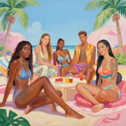 beautiful painting of a hiphop solarpunk summertime chill, by sherree valentine daines, peter mohrbacher, alice neel, donato giancola, mike winkelmann, laurie greasley. trending on artstation, 8 k, masterpiece, graffiti, fine detail, full of color, intricate detail, golden ratio illustration