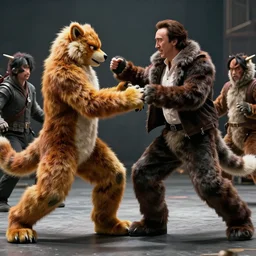 nicolas cage beating up furry cosplayers, 8 k, octane render, choreographed fight scene, composition, shot by director park chan - wook