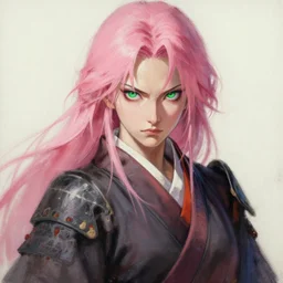 painting by krenz cushart!!, full body of a samurai woman with pink hair and detailed green eyes, stern look, finely detailed features, intricate brush strokes, beautiful lighting, trending on pixiv fanbox.