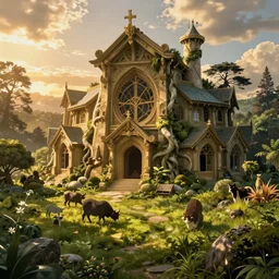 lush and beautiful concept art for rivendell, lord of the rings, peter jackson, studio ghibli, detailed, realistic lighting, volumetric lighting, golden hour,