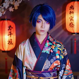 colorful and Festive Captivating teenager boy with straight indigo hair, purple eyes with red eye markers, slim body, wearing a detailed Japanese kimono. rich vivid colors, ambient lighting, dynamic lighting, 4k, atmospheric lighting, painted, intricate, highly detailed by Charlie Bowater