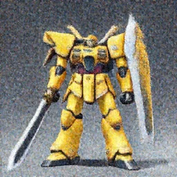 yellow mecha with flat head and big sword and shield by Greg Rutkowski