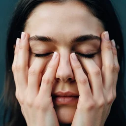 A hyper realistic and detailed head portrait photography of a woman hands covering her face by annie leibovitz. Icelandic mood. Eyes closed. Kodak ColorPlus 200 film. Detailed. Cinematic. High quality.