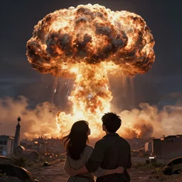a young couple watching a nuclear explosion, romantic, mushroom cloud, uplifting, happy, apocalytic detailed digital matte paintingby kim jung gi and greg rutkowski, rule of thirds