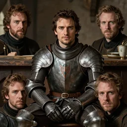 henry cavill as a knight sitting in a tavern, portrait by gaston bussiere, j. c. leyendecker, craig mullins, donato giancola, greg rutkowski, symmetry!!, realistic face, highly detailed, sharp focus