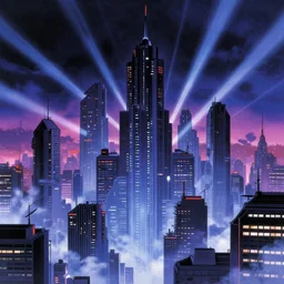 80's cyberpunk skyline, monolithic megastructures, beams of light, in the style of Akira
