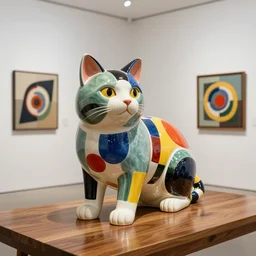 beautiful gallery show studio photograph of a giant realistic ceramic sculpture of a round cat, glazed by bridget riley and victor vasarely, placed on a polished wooden table, colorful hyperrealism 8 k trending on artstation