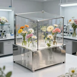 flower shop by science labotory made of stainless steel and translucent, euclidean geometry