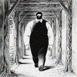 a giant man walks in an old wood corridor, 2 meters, black and white illustration, by james jean and wayne barlowe and moebius