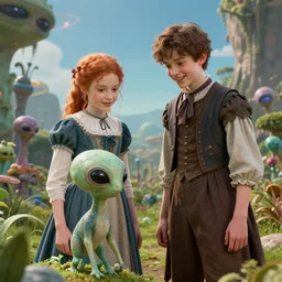 a girl and a boy standing next to some alien plants, looking happy, wearing victorian clothes, playing with their small pet alien creature, in a park on a alien planet, extremely high detail, ultra realistic facial details, ultra photorealistic raytracing, 8k
