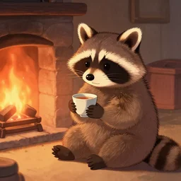 little raccoon sitting by a cozy fireplace with a cup of tea. warm color temperature. ukiyo - e,