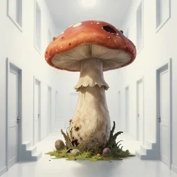 a rotten fungus mushroom monster in a bright white hallway with many doors and stairs, Mc Escher architecture, epic composition, by Makoto Shinkai