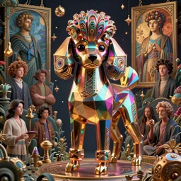 highly detailed surreal vfx portrait of a metallic chromatic geometric tribal poodle, behance, stephen bliss, unreal engine, greg rutkowski, loish, rhads, beeple, makoto shinkai and lois van baarle, ilya kuvshinov, rossdraws, tom bagshaw, alphonse mucha, global illumination, detailed and intricate environment