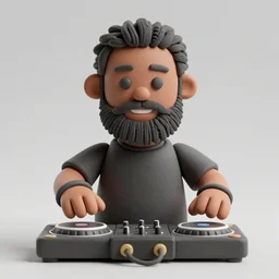 a 3d rendered claymation clay figurine of an urban male black dj, with a big full beard and wearing a light gray do rag and a black winter puffer coat, on a white background,