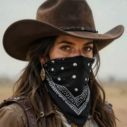 ultra realistic portrait painting of ana de armas as a western outlaw wearing a black bandana over her face, art by michael sowa, 4 k, ultra realistic, highly detailed, epic lighting