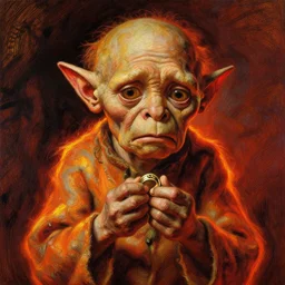 a beautiful painting of gollum holding the ring and crying, by rembrandt and greg rutkowski, rembrandt lighting, beautiful composition and structure, high contrast, high saturation, vivid ember colors, cross hatching featured on artstation, shading study, lighting study, studio lighting