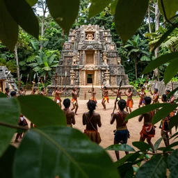 seeing ancient civilization while I'm hiding behind leaves in jungle people dancing with spears