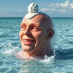 a funny sculpture of a squashed human head made from juicy jelly wrapped in cling film with ice cream spread on it on ocean water, funny face, giant buble, 3 d objects, realistic water splashes, water art, vibrant, in the style of mike campau, cg render, ray tracing, 8 k resolution, sharp