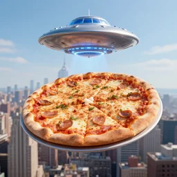 UFO-Pizza flying over New York