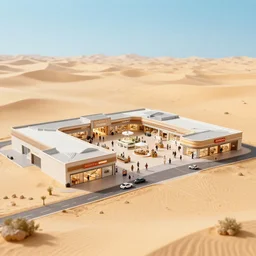A diorama of a shopping center in the middle of the desert