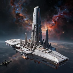 cinematic scifi render of a 3 d sculpt of a cyberpunk john harris aircraft carrier megalithic tower structure city in space, beeple, halo, star wars, ilm, star citizen, halo, mass effect, high tech industrial, artstation unreal, dramatic powerful nebula