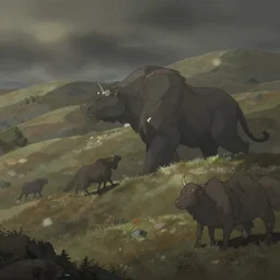 windy hillsides where giant beasts roam. award - winning 3 d anime by an indie studio, heavily stylized, rimlighting, depth of field, limited palette, impressionism, chiaroscuro, bokeh.
