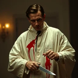 film still of ted cruz as patrick bateman wearing a bloody poncho holding a knife in american psycho