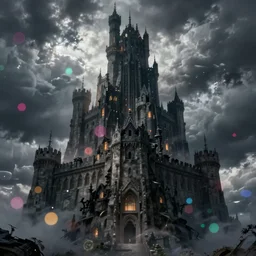 looming castle under a cloudy sky where nary a ray escapes the god's frown 4 k high definition artstation trending path traced contrast light and dark colorful bokeh massive scale cinematic breathtaking lovecraftian horror fantasy nightmare, art by greg rutkowski