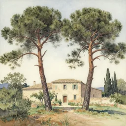 Jean PESKÉ (1870-1949) Magnificent watercolour depicting two large pine trees in front of a Provencal Mas, watercolour, 4k high Detail, Expressionism