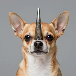 an anthopomorphic chihuahua dog with a rhino horn growing between the eyes, digital art, surreal