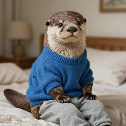 Character portrait of a albino furry anthro brown otter wearing a blue sweater and grey sweatpants in the bedroom, intricate, elegant, highly detailed, digital painting, artstation, concept art, smooth, sharp focus, illustration, art by Krenz Cushart and Artem Demura and alphonse mucha