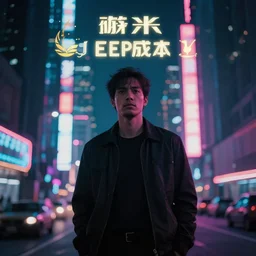 man standing in front of a cyberpunk city, neon lights, bokeh, award wining photograph, movie still,