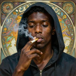 realistic detailed beautiful portrait a cool young hooded black men smoking a joint by Anna and Elena Balbusso, Art Nouveau, rich deep vibrant colors