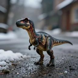 a beautiful photo by fred herzog of a tiny dinosaur standing in the street, tiny gaussian blur, insanely detailed, insanely intricate, insanely beautiful, depth of field, low contrast, snowy, wide aperture