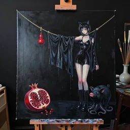 painting of a black painted canvas, on an easel in a dark artist's studio with black walls, tall emo artist catgirl, wet black clothes draped on a rope, 6 black boots, pomegranate, a black pig, red gourd, black octopus, sensual, acrylic and oilstick on canvas