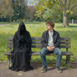 man sitting on park bench next to the grim reaper peaceful oil painting by Greig Fraser sunny afternoon