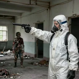 dystopian hazmat woman holding zombie at gunpoint in dilapidated building. by Roger Deakins