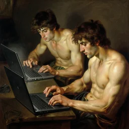 pre-Raphaelite male muscular athletic gamers playing games on laptops by Bouguereau