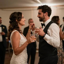 two people trying to talk while dancing holding a glass of whiskey at a wedding part