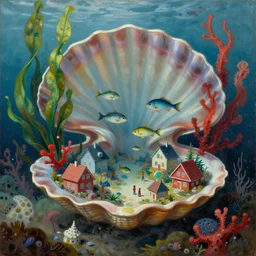 underwater city with fish citizens inside!! the seashell, green and red seaweed, red corals, small scandinavian!!! houses, little people!!!, by jacek yerka by levitan, surrealistic painting, masterpiece, oil painting, sharp focus, highly detailed, intricate, smooth, 8 k,