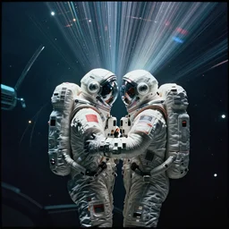 concept art by craig mullins infrared complex and hyperdetailed technical astronauts hugging in futuristic dark and empty spaceship underwater. reflection and dispersion materials. rays and dispersion of light. volumetric light. 5 0 mm, f / 3 2. noise film photo. flash photography. unreal engine 4, octane render. interstellar movie art