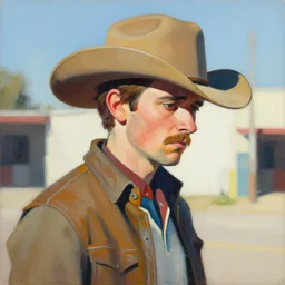 greg manchess painting of a sad cowboy, medium shot, asymmetrical, profile picture, organic painting, sunny day, matte painting, bold shapes, hard edges, street art, trending on artstation, by huang guangjian and gil elvgren and sachin teng