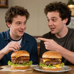 vinesauce joel pointing at vinesauce vinny saying bogan burger, meme, realistic, hdr, clear image,