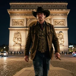 cowboy walking in paris on the champs - elysees while holding a cigar during night, romantic, ultra realistic, detailed face, ultra detailed, award winning,