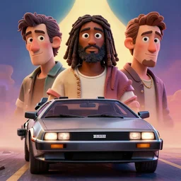 3 d vfx - drew struzan movie poster - art of an african jesus in a delorean, art style by james jean & hsiao - ron cheng, unreal engine render, digital illustration, sharp, intricate detail, volumetric lighting, ray tracing, soft light, colourful, claymation style, ernie barnes style, symmetry, pinterest, artstation, behance
