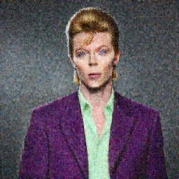 a realistic photo of blond David Bowie in purple jacket and light green shirt, studio photography , dark grey background, softly backlit, gentle smoke effect, photo courtesy Museum of art