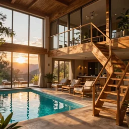 a sunlit indoor lounge area with an indoor pool with clear water next to a big window, a wooden staircase goes up to an upper half floor of the cabin, taken during sunset (golden hour)